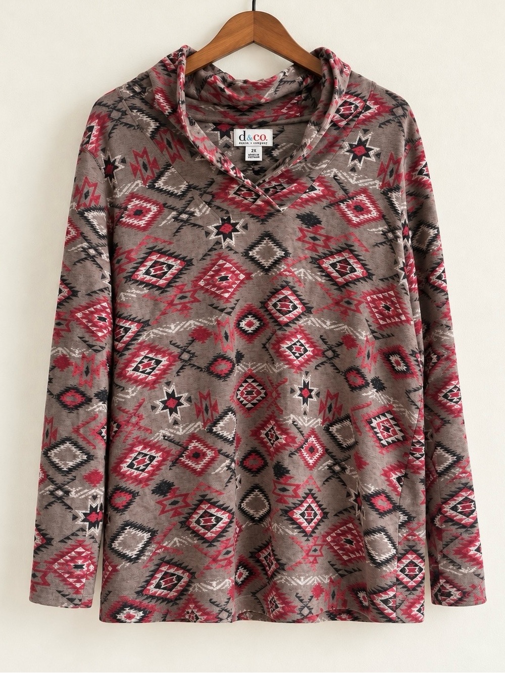 Denim&Co Taupe and Pink Aztec Cowl Neck Sweater